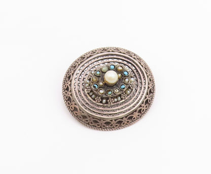 ISRAEL 925 Silver  Vintage Antique Floral Pearl & Turquoise Brooch Pin  BP9743