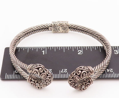 925 Sterling Silver Vintage Bracelet Diamonds Inlay Swirly Carved Cuff  BT10607