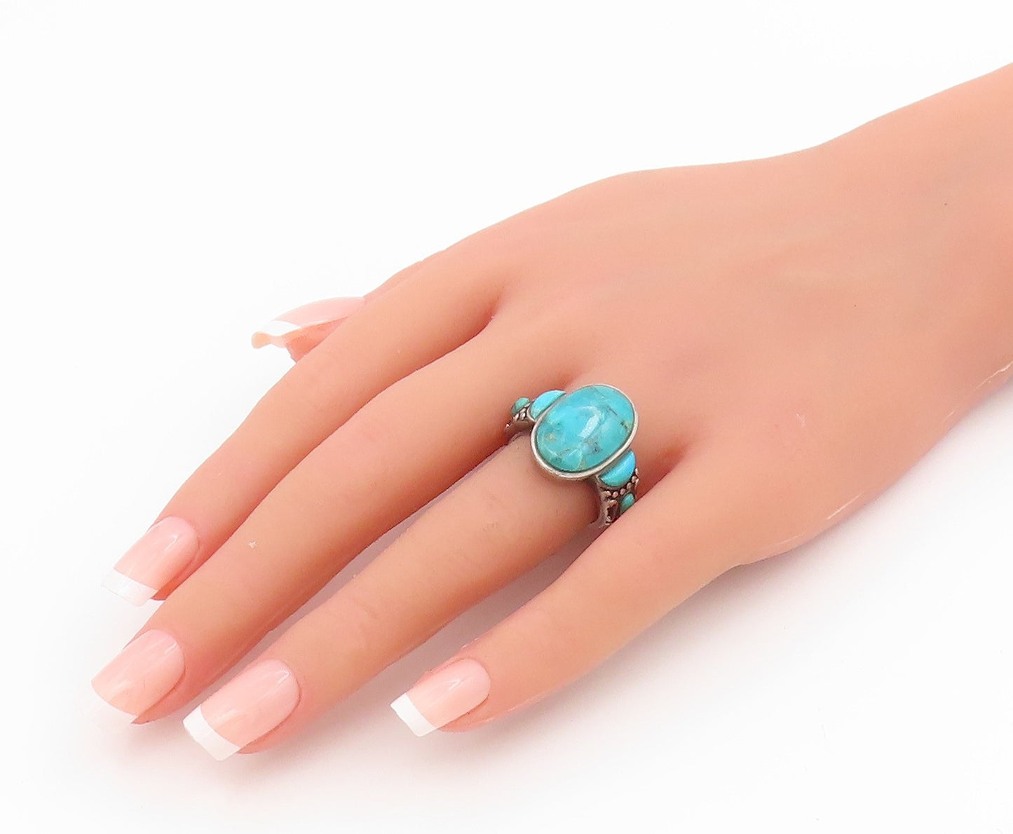 925 Sterling Silver Vintage Ring Classic Cabochon Turquoise Band  Sz 7  RG34522