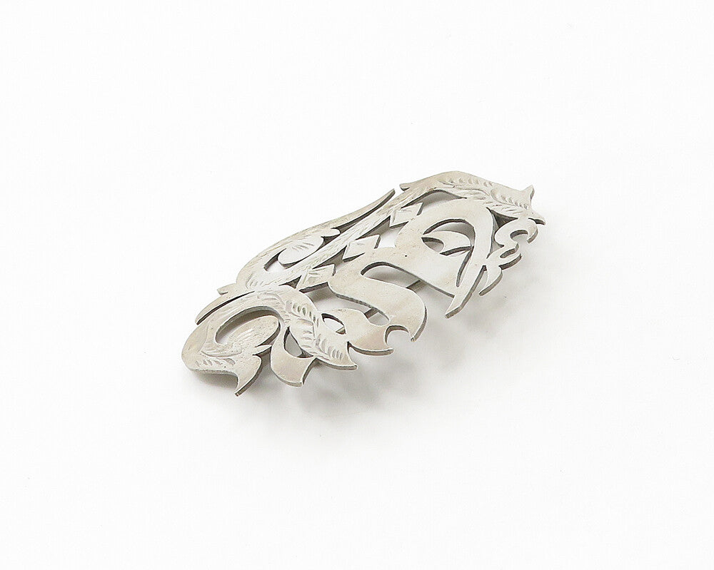 TURKISH 925 Silver  Vintage Floral Vine Etched Writing Brooch Pin  BP7105