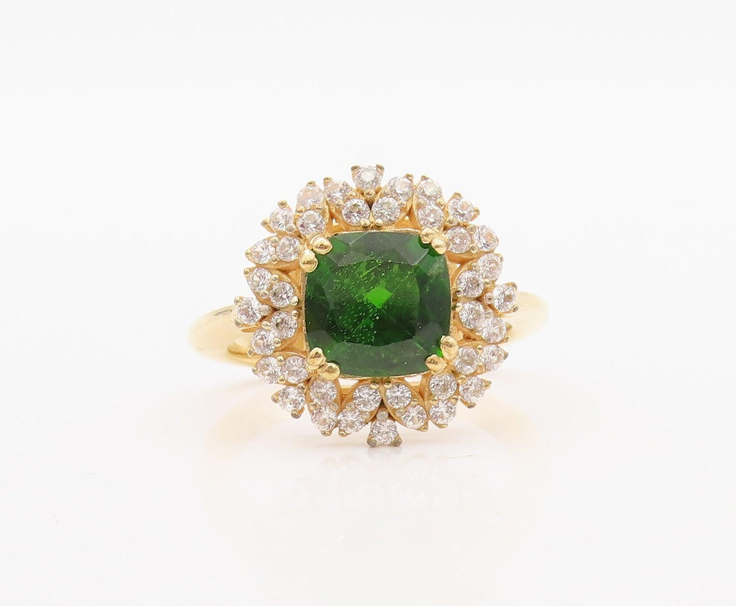 925 Sterling Silver Vintage Ring Gold Plated Green White CZ Flower Sz 7  RG30068