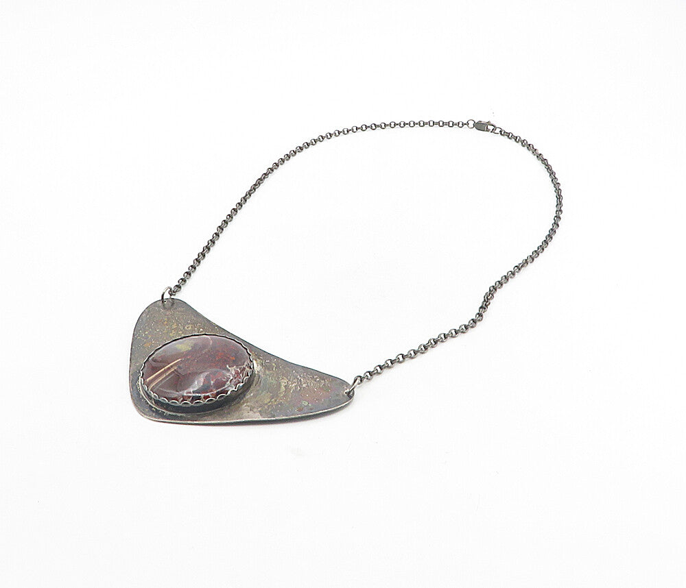 925 Sterling Silver  Vintage Red Agate Oxidized Pendant Chain Necklace  NE1703