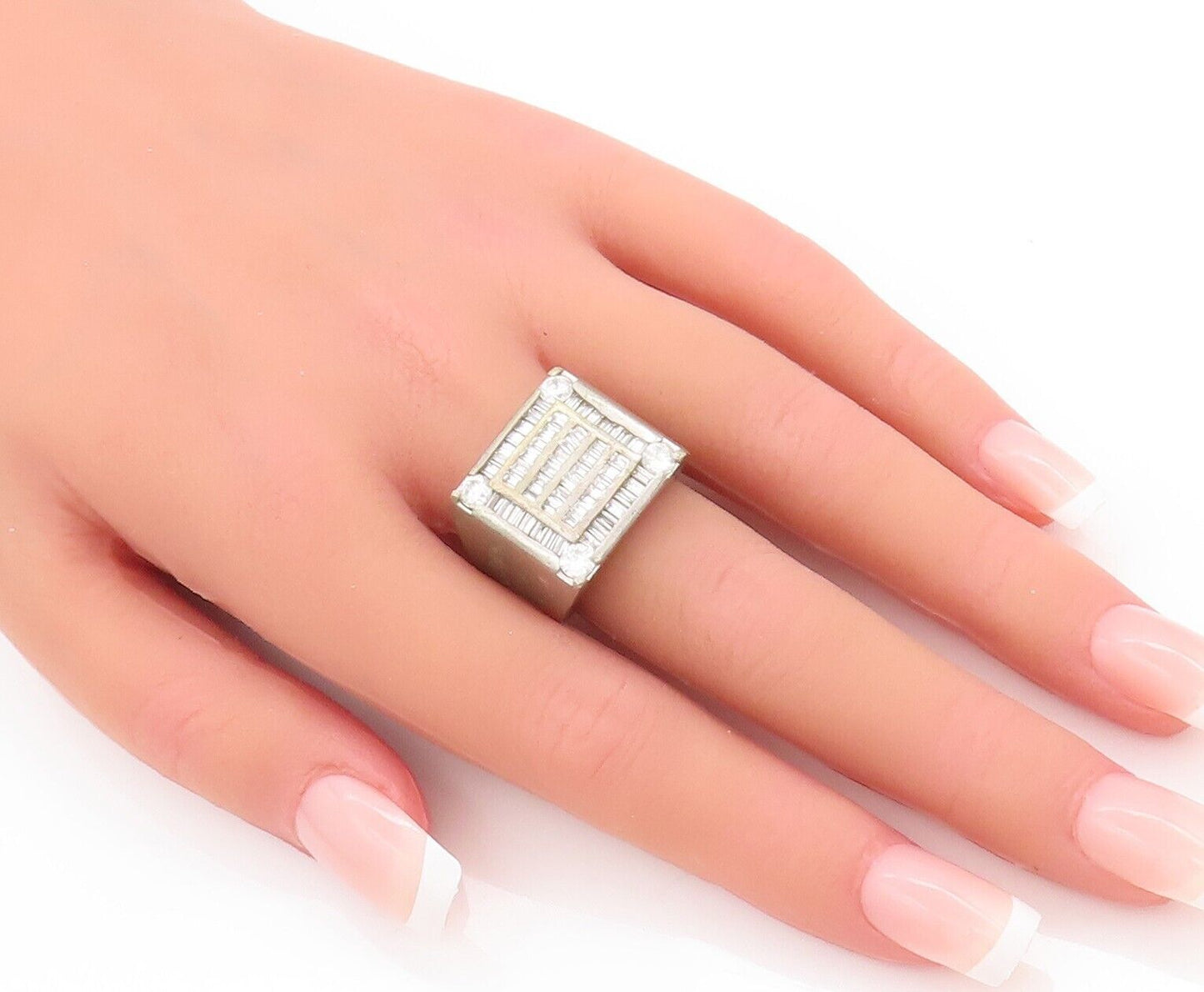 925 Sterling Silver Vintage Ring Solid Carved Brutalist Inlay CZ  Sz 9  RG28328
