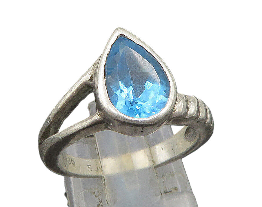 925 Sterling Silver  Vintage Tear Drop Blue Topaz Band Ring Sz 6.5  RG23713