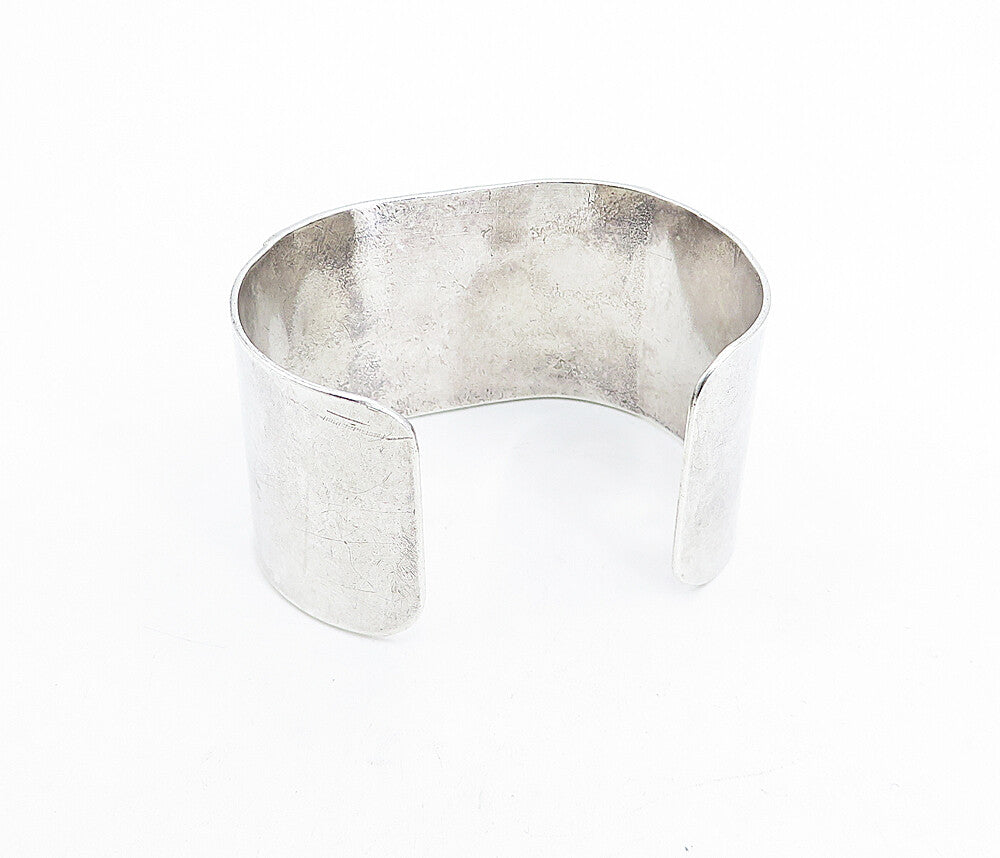 925 Sterling Silver  Vintage Agate Shiny Etched Wide Cuff Bracelet  BT1554