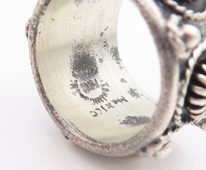 925 Sterling Silver Vintage Ring Beaded Floral Motif Wide Band  Sz 5  RG33769