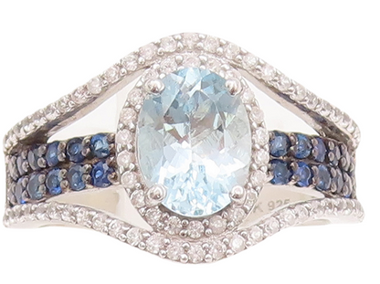 925 Sterling Silver Vintage Ring Cutout Blue White Topaz Sapphire Sz 7.5 RG29666