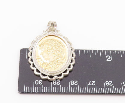 925 Sterling Silver Vintage Pendant Two Tone Scalloped Lady Cameo Charm  PT26445