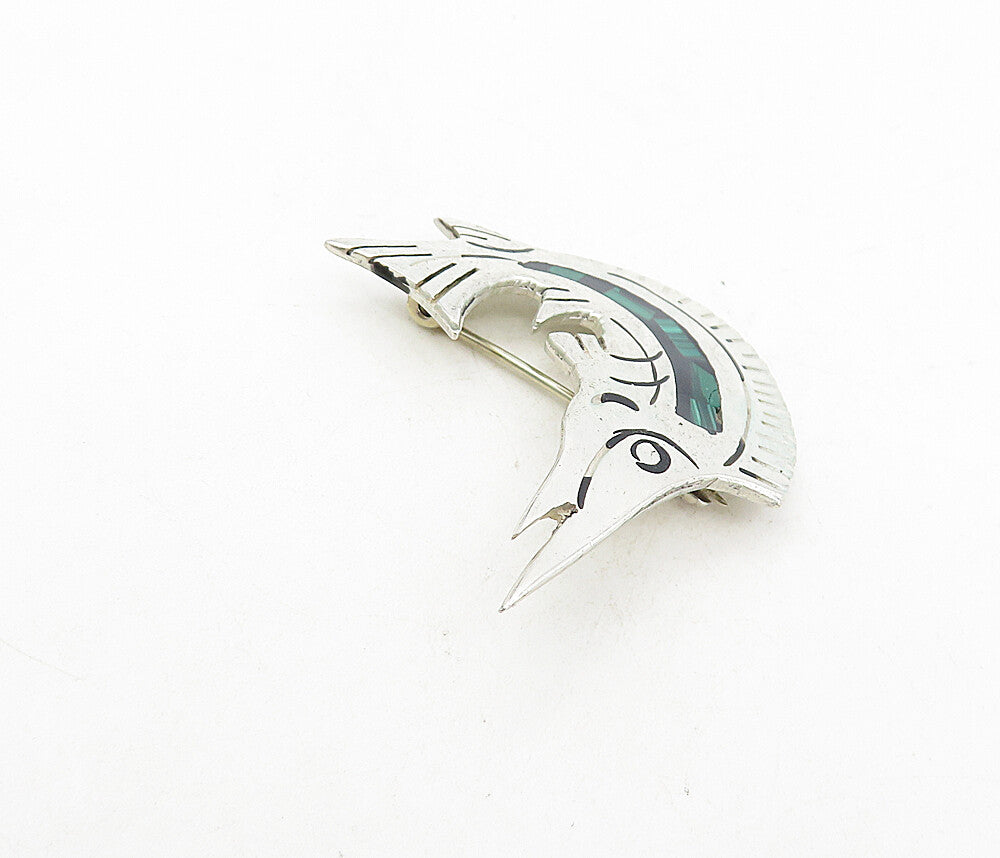 MEXICO 925 Silver  Vintage Malachite Mosaic Swordfish Motif Brooch Pin  BP3112