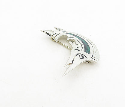 MEXICO 925 Silver  Vintage Malachite Mosaic Swordfish Motif Brooch Pin  BP3112