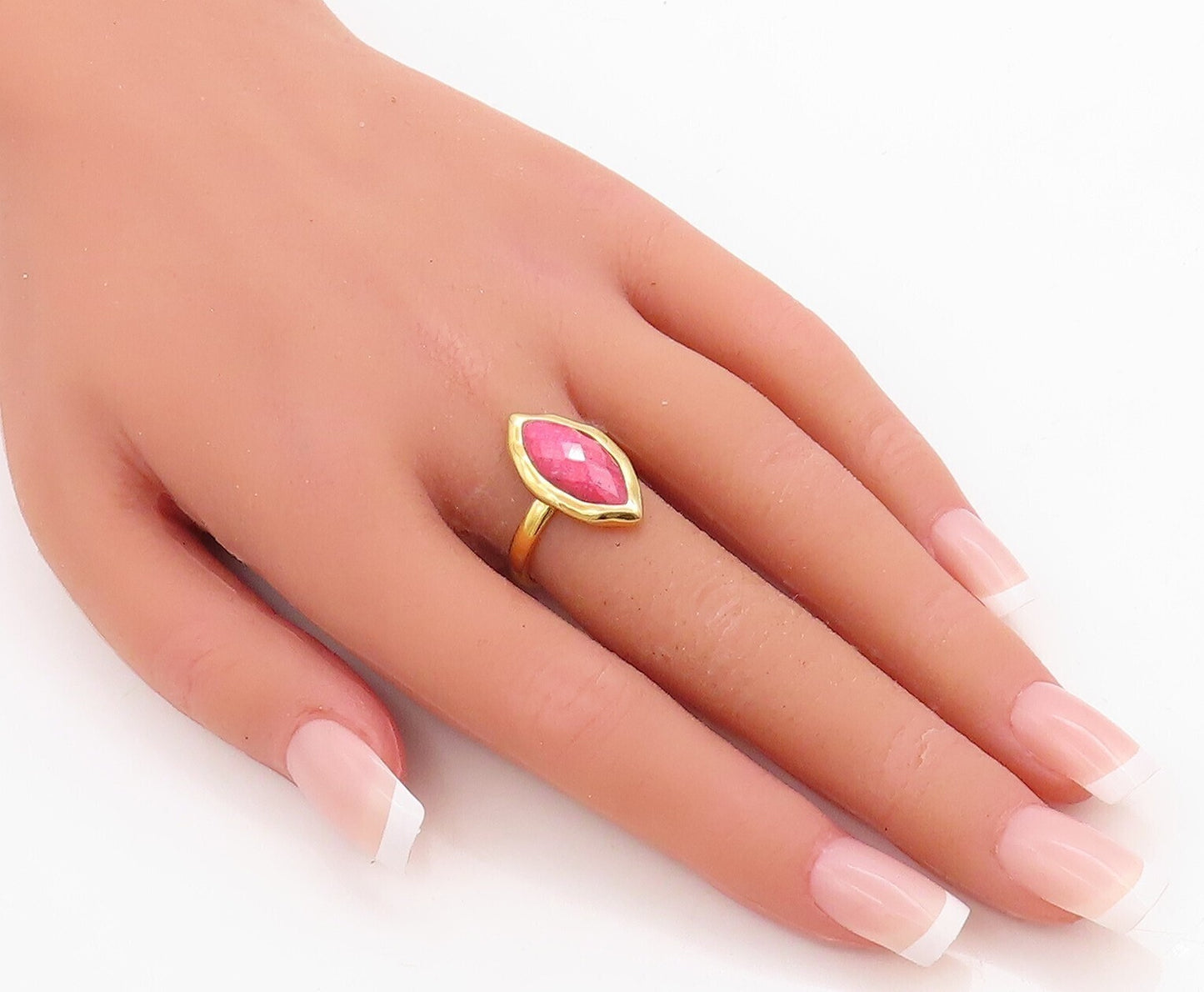 925 Sterling Silver Vintage Ring Gold Plated Marquise Pink Gemstone Sz 7 RG30540
