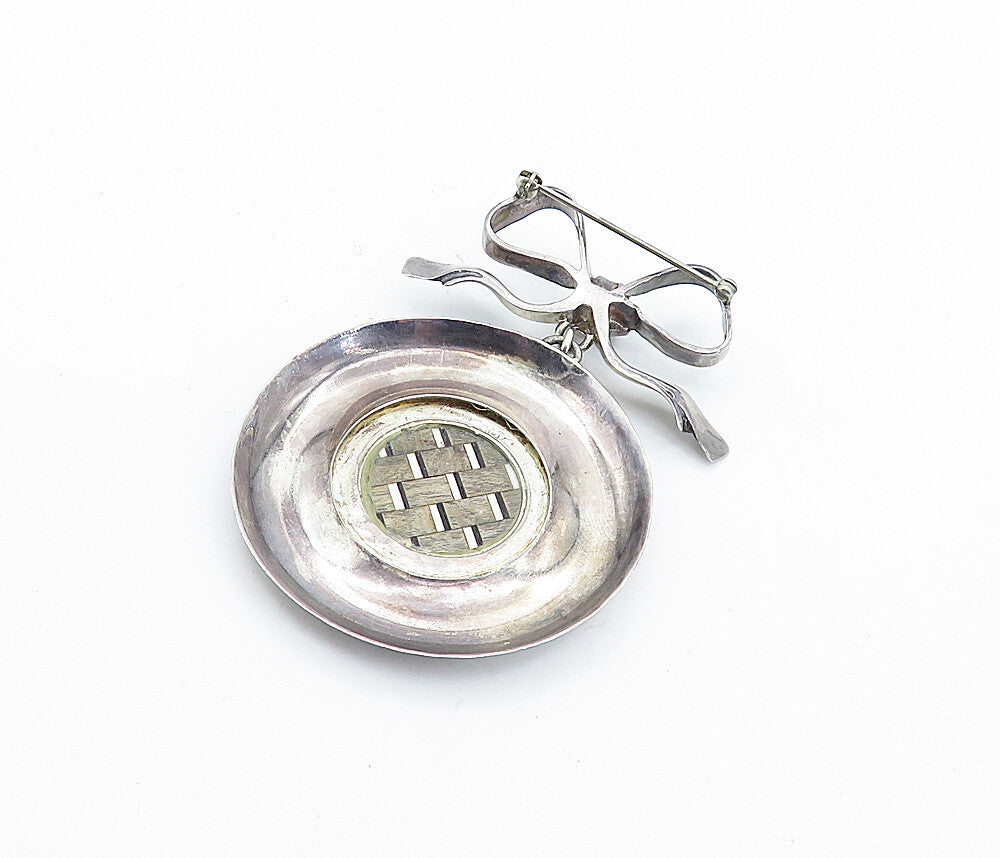 925 Sterling Silver  Vintage Enamel Pattern Bow Tied Ribbon Brooch Pin  BP2549