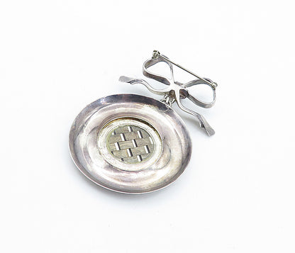 925 Sterling Silver  Vintage Enamel Pattern Bow Tied Ribbon Brooch Pin  BP2549