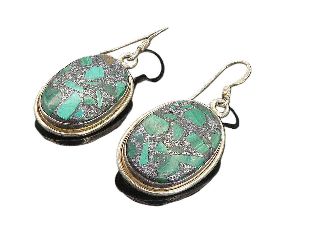 925 Sterling Silver  Vintage Malachite With Hematite Dangle Earrings  EG3191