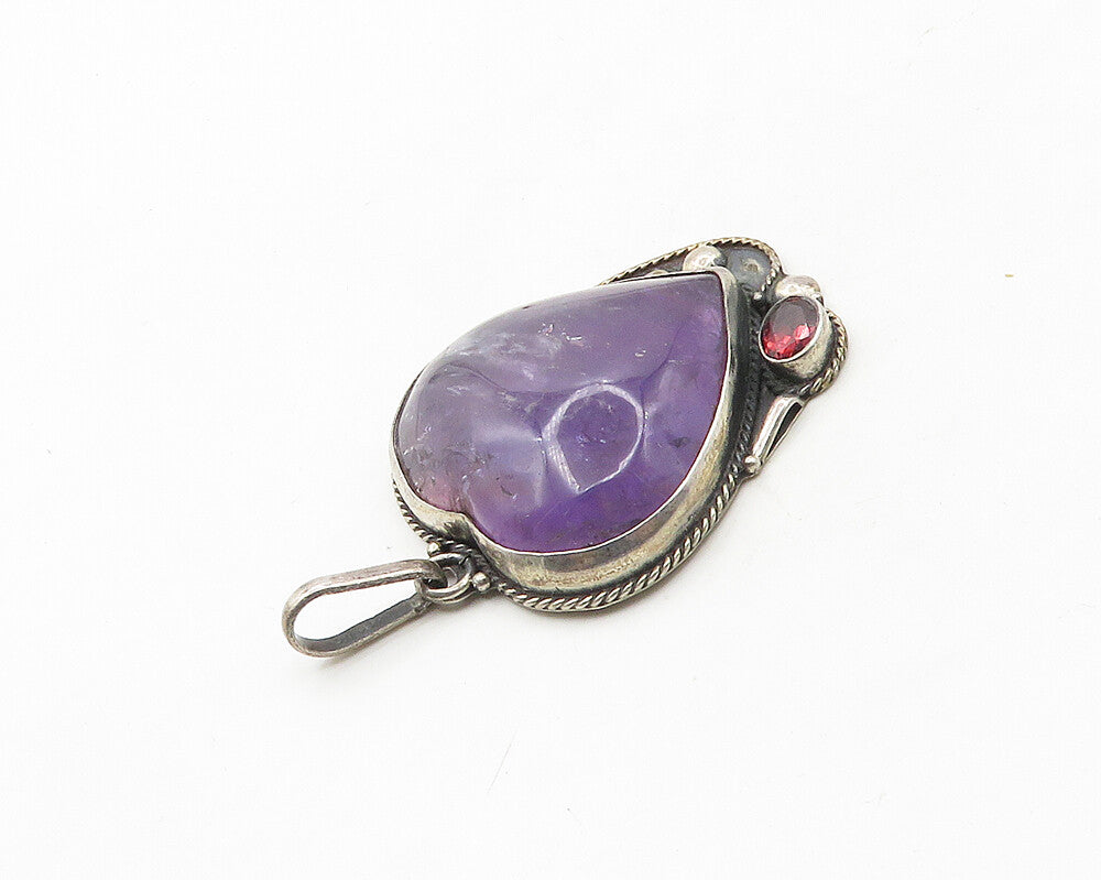 925 Sterling Silver  Vintage Cabochon Amethyst Heart & Garnet Pendant  PT15040