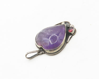 925 Sterling Silver  Vintage Cabochon Amethyst Heart & Garnet Pendant  PT15040