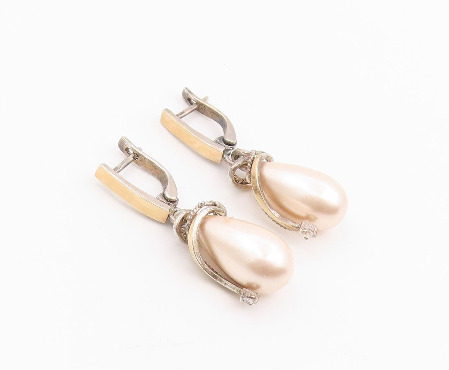14k Gold & 925 Sterling Silver Vintage Earrings Pink Pearl & CZ Drop  EG14220