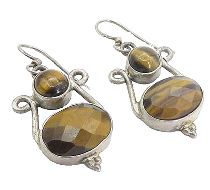 925 Sterling Silver  Vintage Faceted Tiger's Eye Swirl Dangle Earrings  EG3699