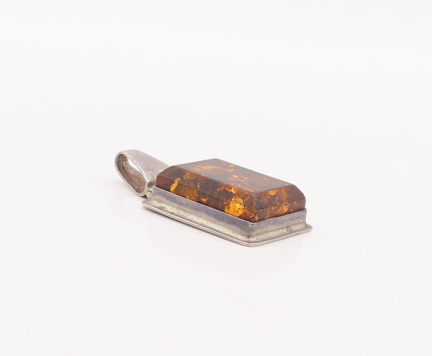 925 Sterling Silver Vintage Pendant Rectangle Cabochon Honey Amber  PT23551