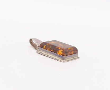 925 Sterling Silver Vintage Pendant Rectangle Cabochon Honey Amber  PT23551