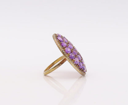 925 Sterling Silver Vintage Ring Gold Plated Oval Amethyst & CZ  Sz 7  RG29924
