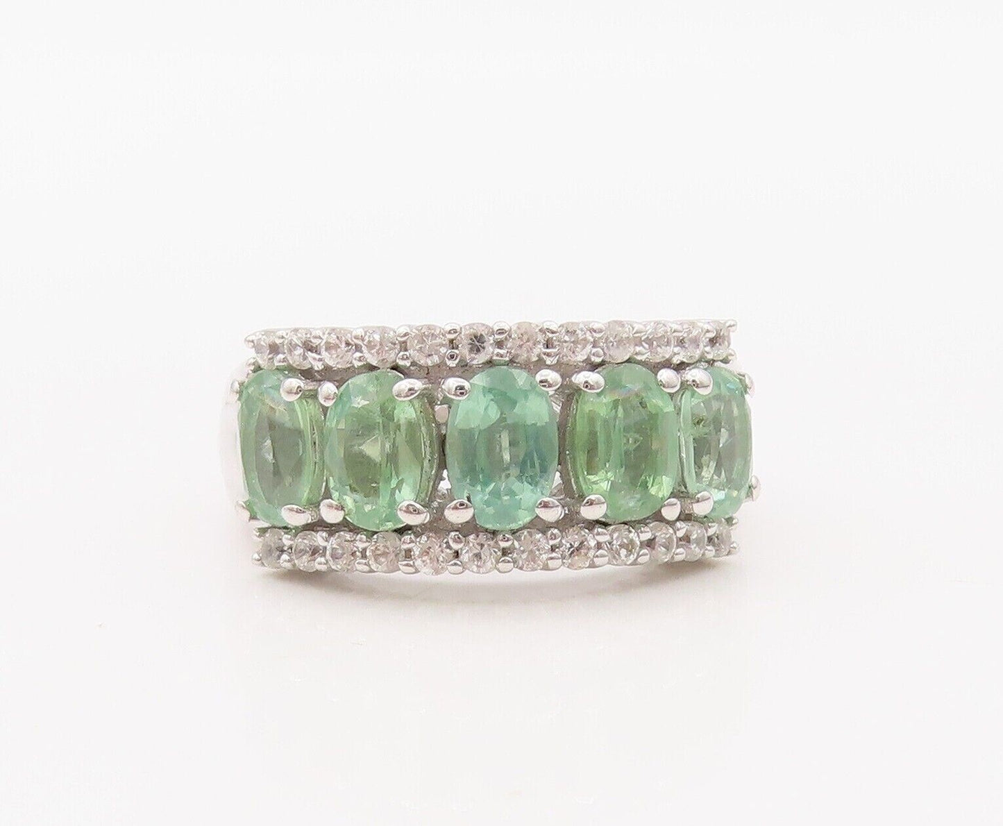 925 Sterling Silver Vintage Ring Rectangle Green White Topaz Band Sz 7.5 RG30286