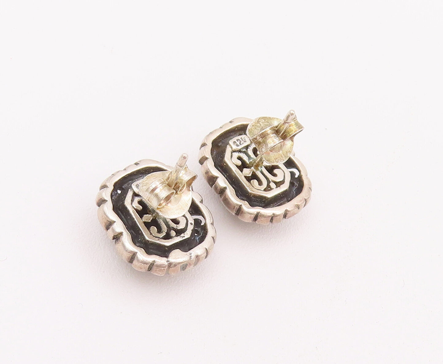 925 Sterling Silver Vintage Earrings Cabochon Square Onyx Swirly Carved  EG12900