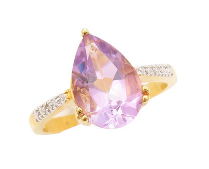 925 Sterling Silver Vintage Ring Gold Plated Drop Cut Amethyst & CZ Sz 7 RG29422