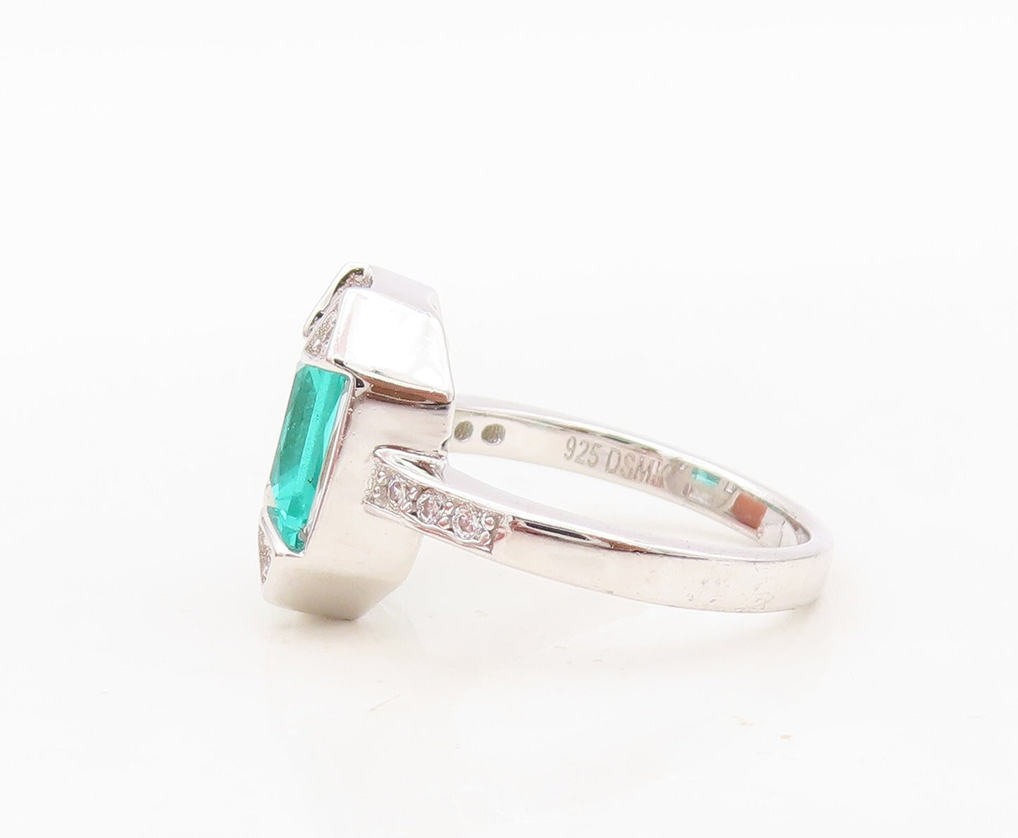 925 Sterling Silver Vintage Ring Rectangle Sea Green & White CZ  Sz 7 RG30448