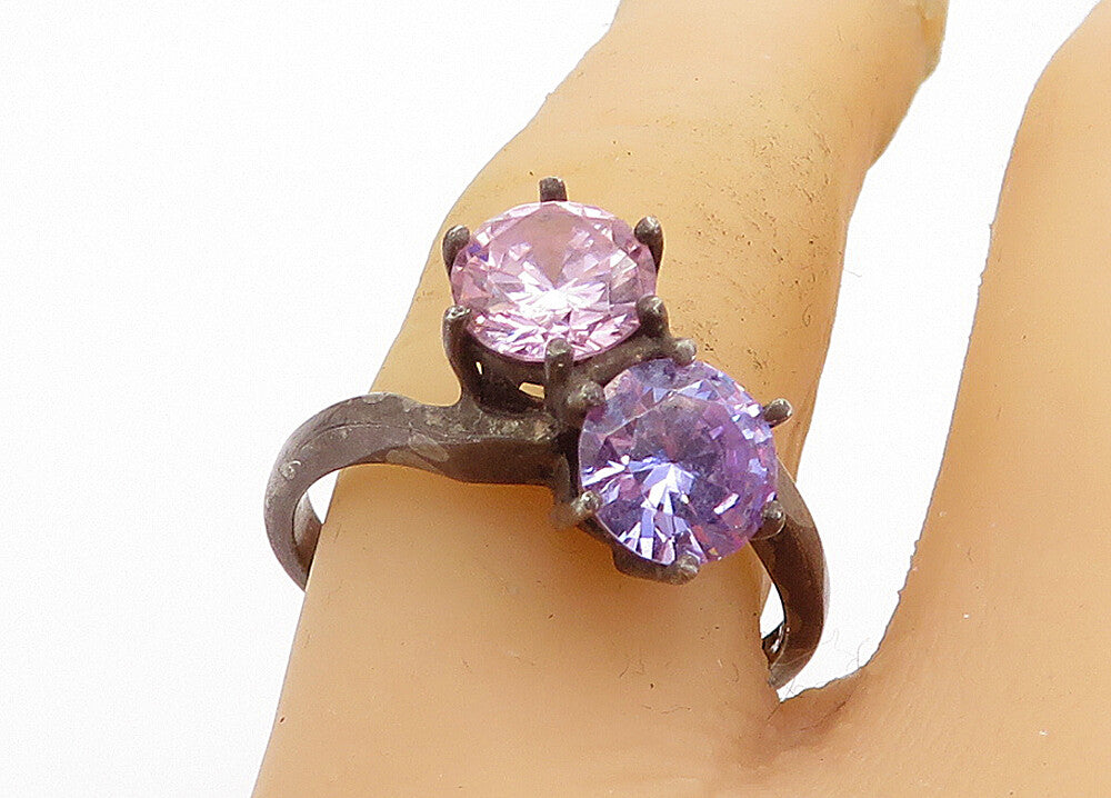 KOREA 925 Silver  Vintage Pink & Purple Cubic Zirconia Band Ring Sz 9  RG5517