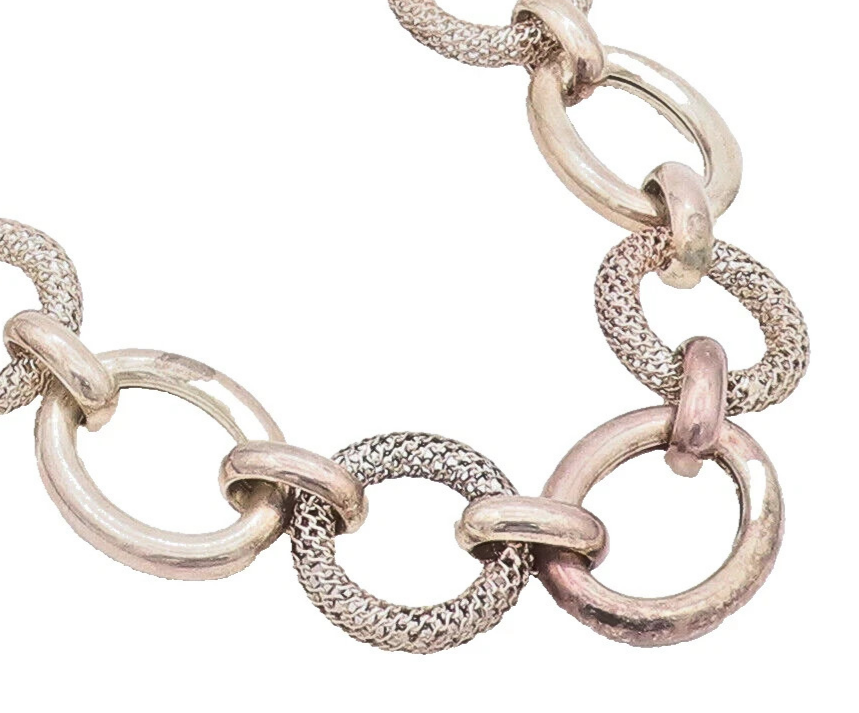 925 Sterling Silver Vintage Necklace Large Carved Solid Rings Link Chain  NE4255