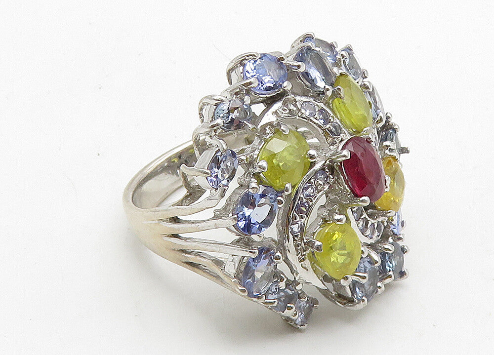 925 Sterling Silver Multi Color Topaz Floral Cocktail Ring Sz 9 RG10521