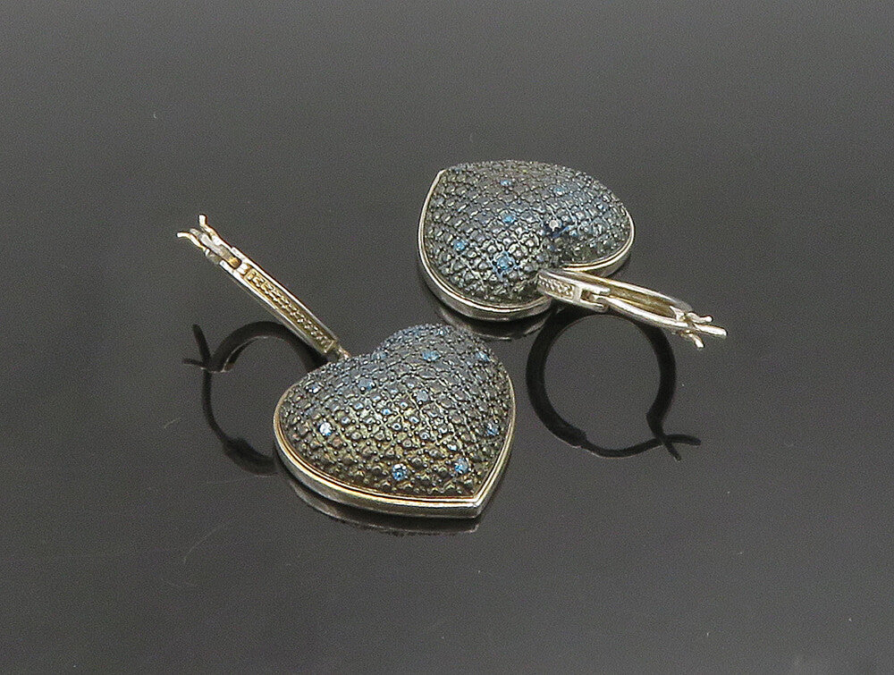 925 Silver  Vintage Blue Genuine Diamonds Textured Heart Earrings  EG11658