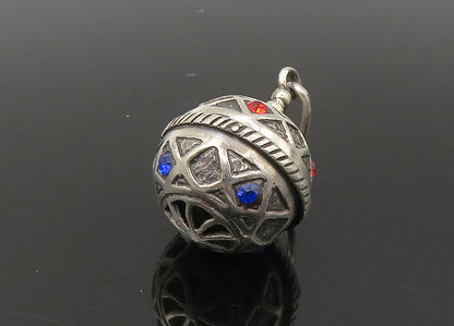 925 Sterling Silver  Vintage Red & Blue Topaz Hollow Sphere Pendant  PT18340