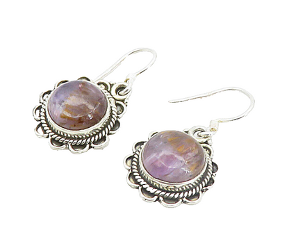 925 Sterling Silver Vintage Cabochon Amethyst Floral Drop Earrings EG3462