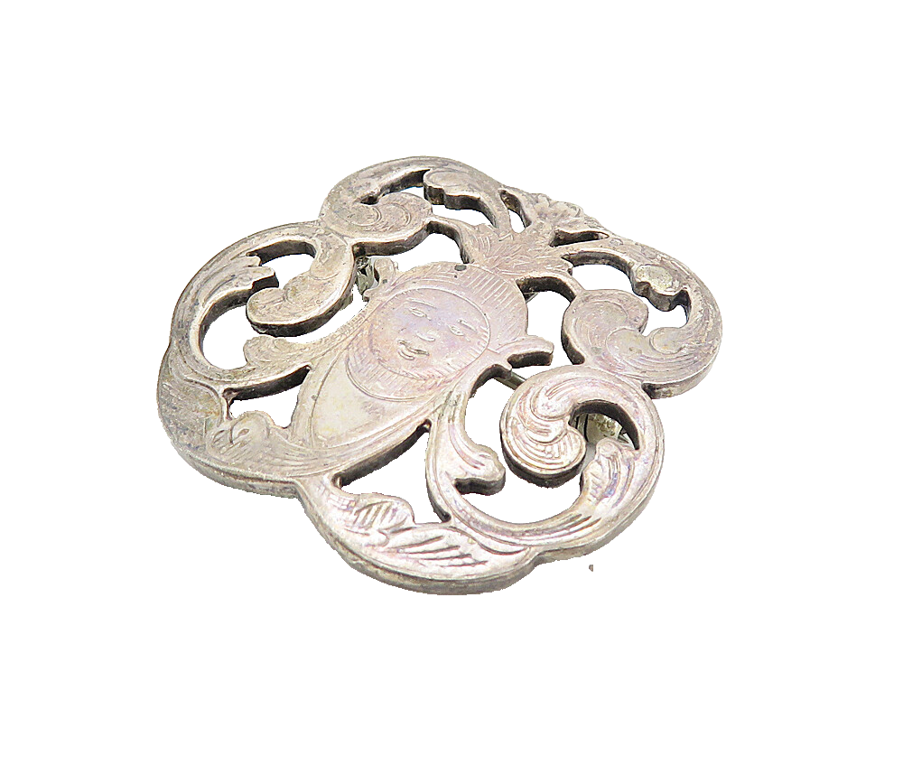 925 Sterling Silver  Vintage Dark Tone Etched Face Swirl Brooch Pin  BP2992