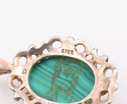 925 Sterling Silver  Vintage Smooth Cabochon Cut Green Agate Pendant  PT20036