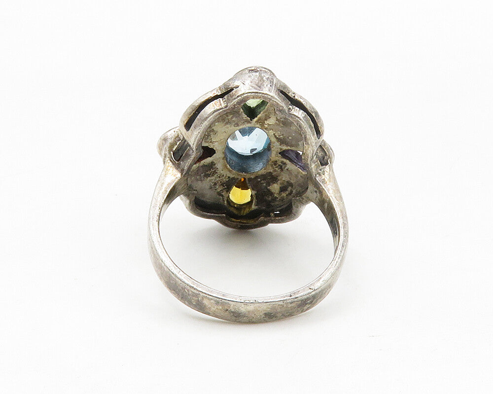 925 Silver Vintage Amethyst Peridot & Multi Stone Cocktail Ring Sz 5 RG13907