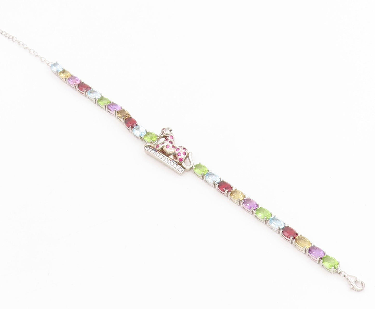 925 Sterling Silver Vintage Bracelet Multi Gemstone & CZ Wild Leopard  BT11550