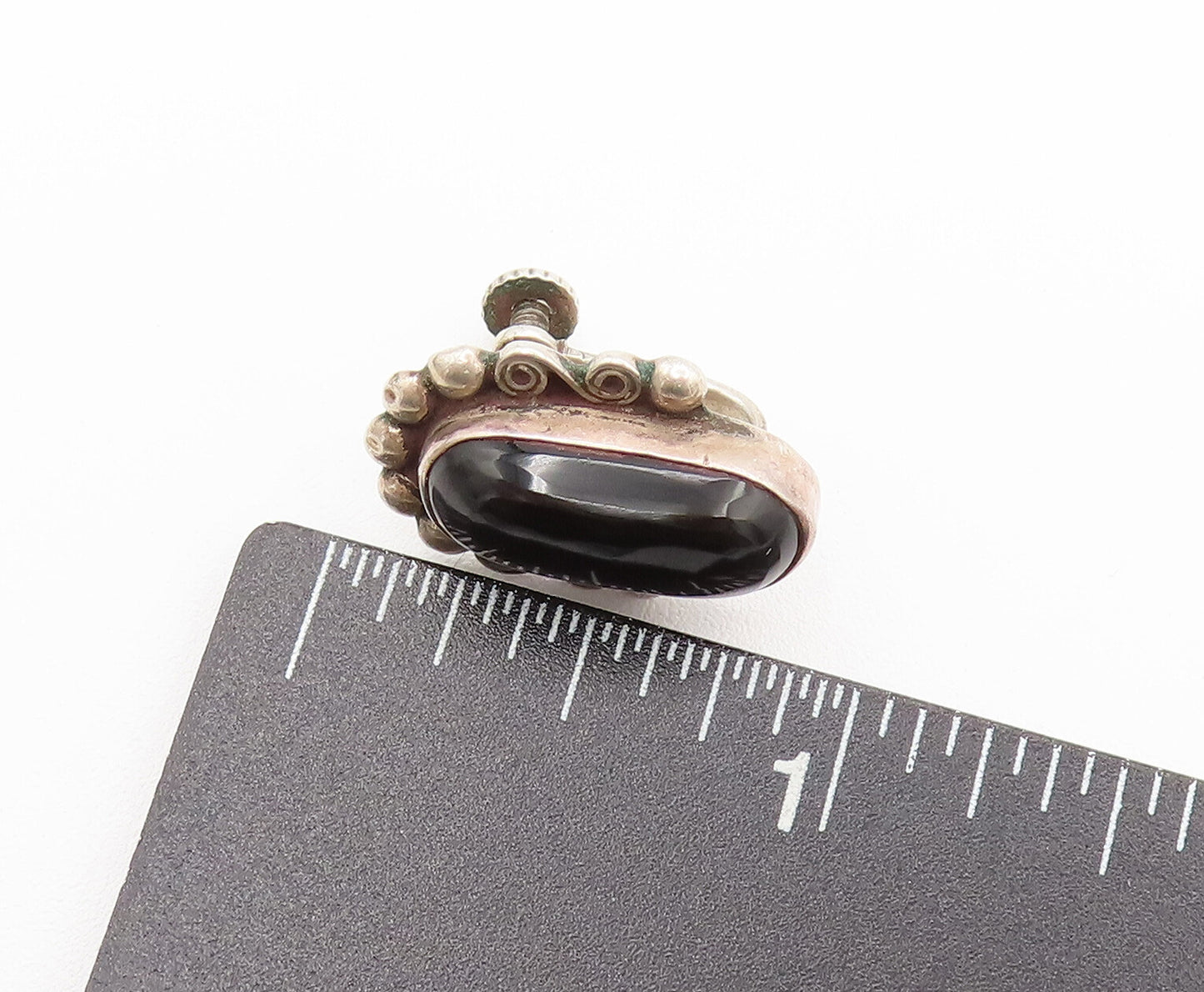 MEXICO 925 Sterling Silver Vintage Beads Swirls Onyx Screw Back Earrings EG12345