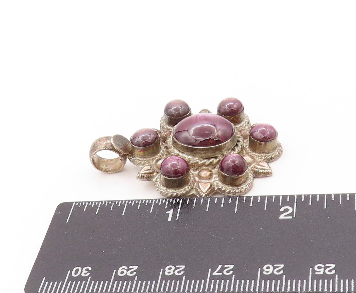 925 Sterling Silver Vintage Pendant Cabochon Purple Cat's Eye Flower  PT24202