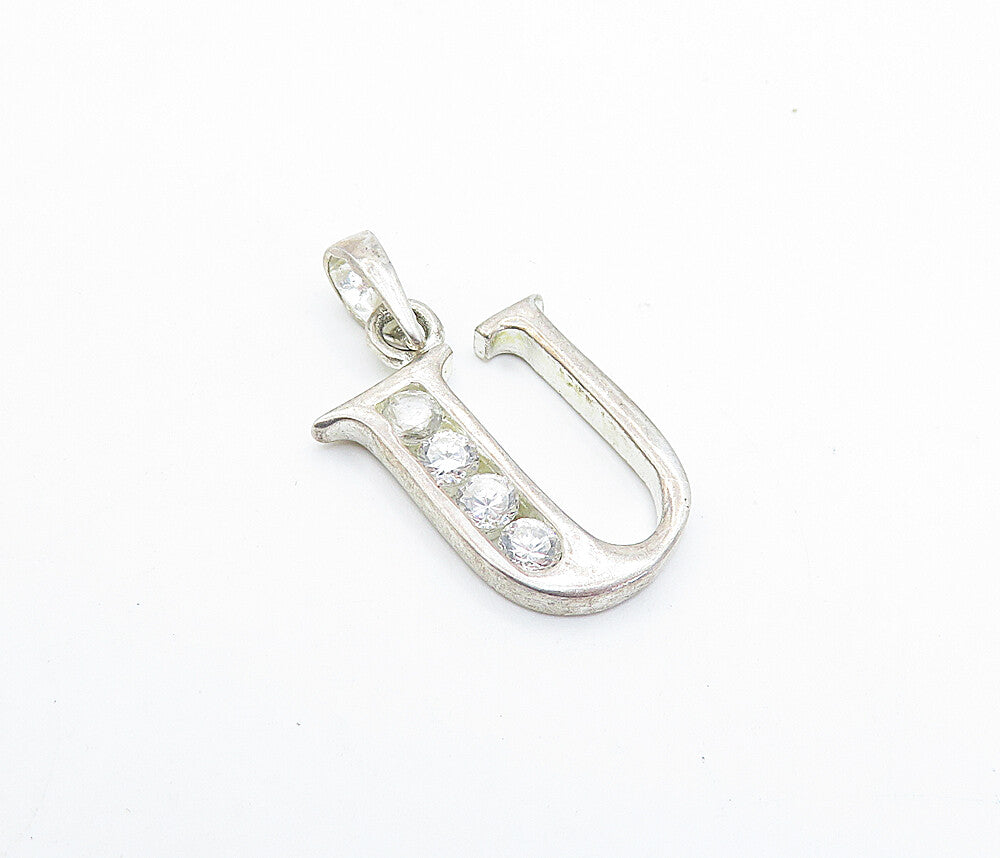 925 Sterling Silver  Vintage Topaz U Initial Shiny 3 Stone Pendant  PT2543
