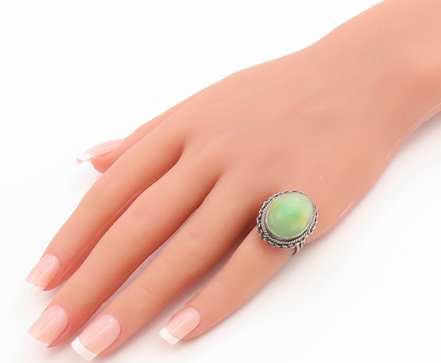 925 Sterling Silver Vintage Ring MEXICO Cabochon Jade Band  Sz 5.5  RG35857