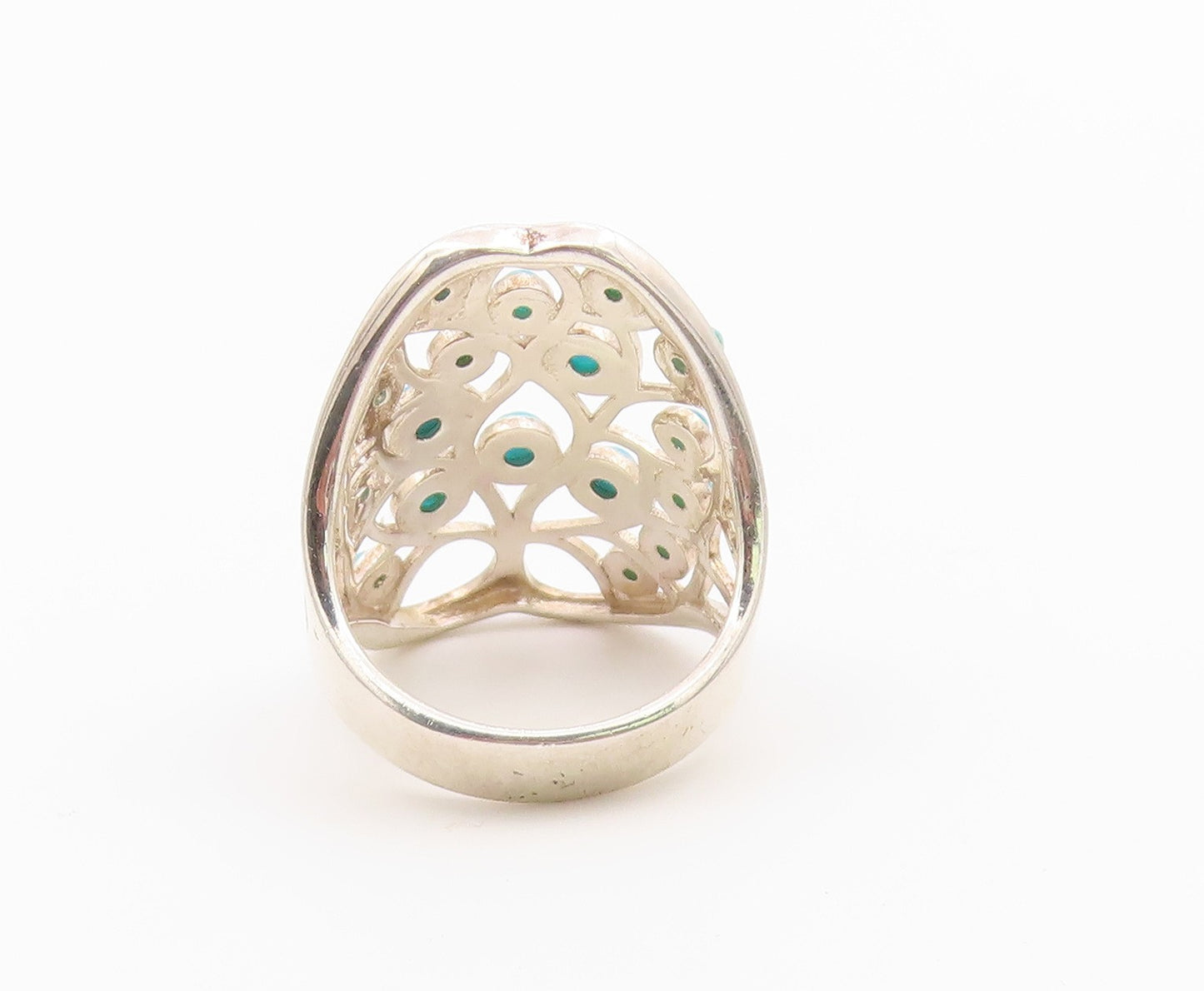 925 Sterling Silver Vintage Ring Round Turquoise Openwork Band  Sz 8.5  RG36449