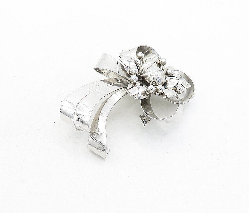 925 Sterling Silver  Vintage Polished Floral Tied Ribbon Brooch Pin  BP1447