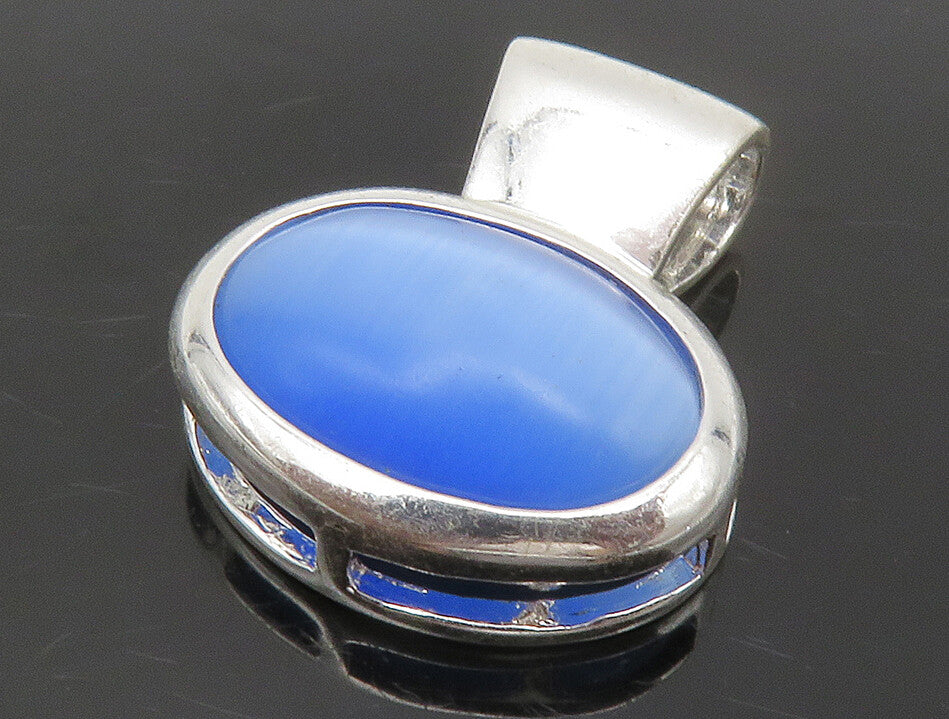925 Sterling Silver Cabochon Cut Blue Cat's Eye Stone Drop Pendant PT10245