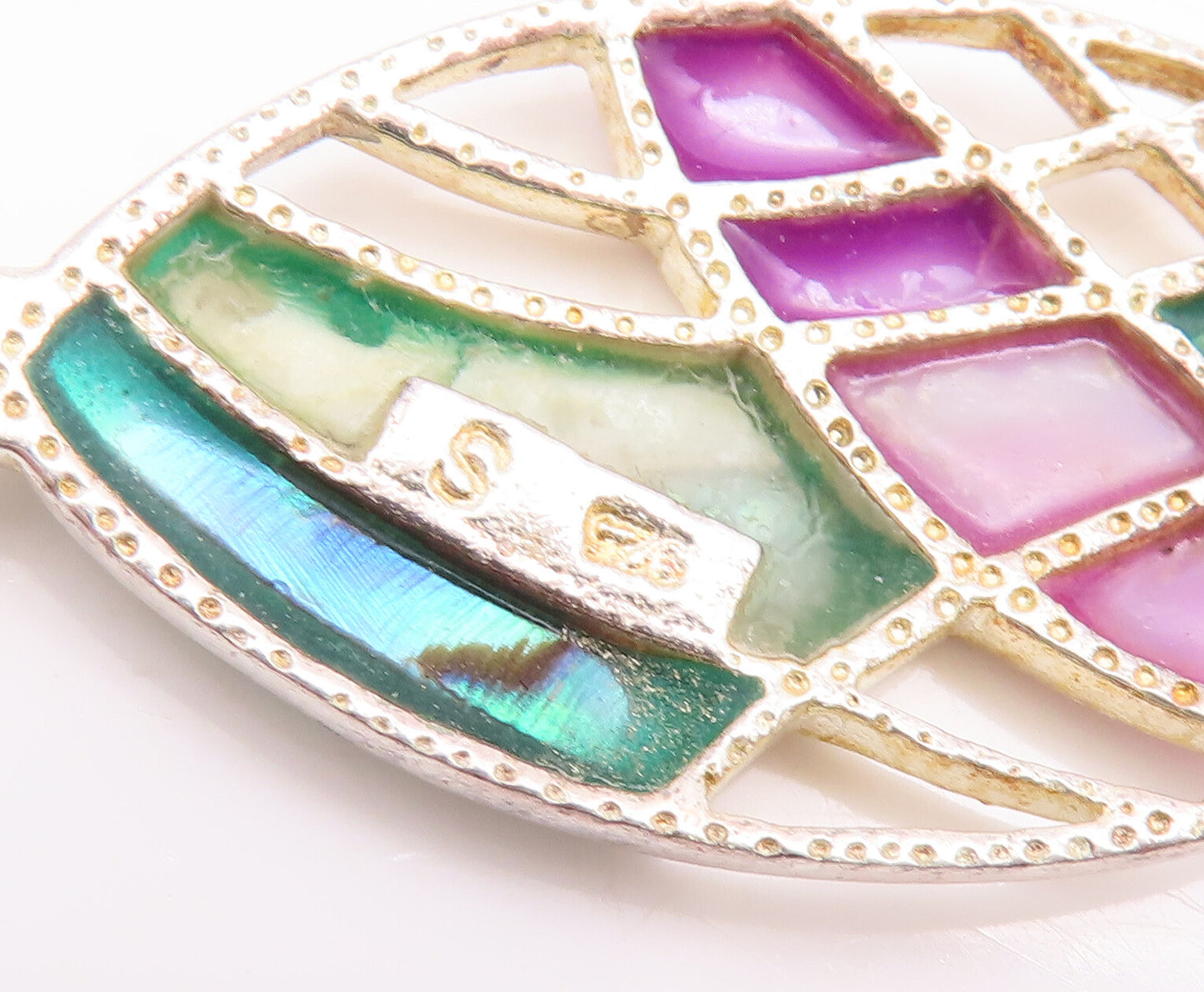 925 Sterling Silver Vintage Pendant Eye Shape Cutout Inlay Abalone  PT23101