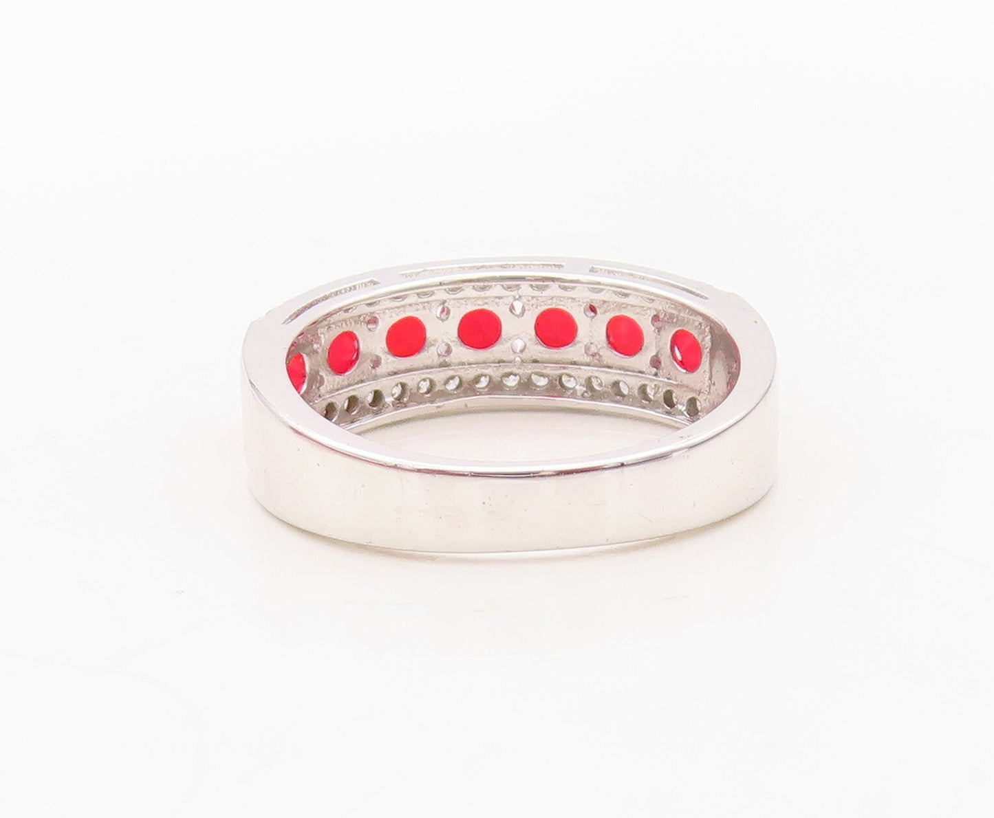 925 Sterling Silver Vintage Ring Minimalist Red & White CZ Bands Sz 7.5  RG30238