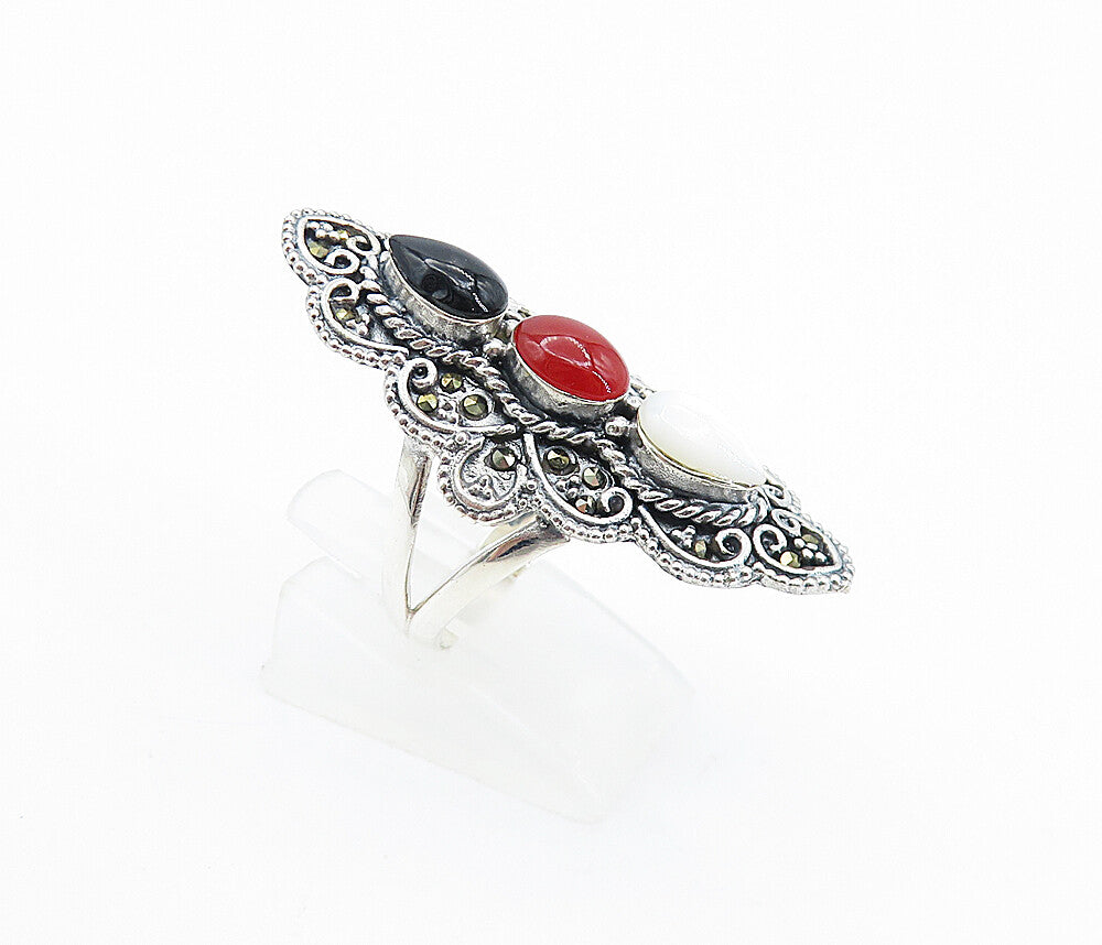 925 Silver  Victorian Mother Of Pearl Onyx & Coral Cocktail Ring Sz 7.5 RG7900