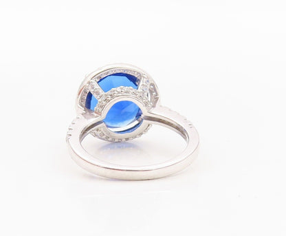 925 Sterling Silver Vintage Ring Round Cut Sapphire Halo Topaz Sz 7  RG30267